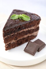 Piece of delicious cake, mint and chocolate on light table, closeup