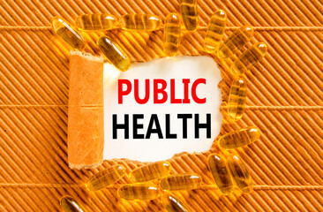 Public health symbol. Concept words Public health on beautiful white paper. Yellow pills tablets....