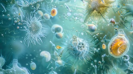 A wide-angle view of a radiolarian-rich plankton sample, with various species floating in a softly lit, blue-tinted aqueous environment, capturing the ethereal quality of these microorganisms