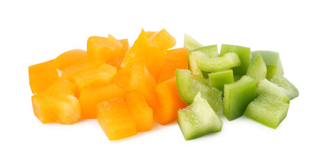 Pieces of fresh colorful bell peppers isolated on white