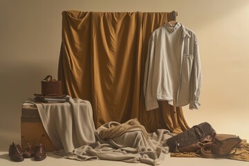 A visually striking image portraying a frugalist proudly displaying a carefully curated wardrobe of timeless, versatile clothing items. The composition utilizes a warm color palette and soft shadows