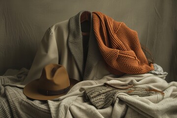 A visually striking image portraying a frugalist proudly displaying a carefully curated wardrobe of timeless, versatile clothing items. The composition utilizes a warm color palette and soft shadows