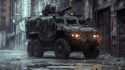 A visually striking photograph showcasing a heavily armored military vehicle in an urban environment, symbolizing the concept of overkill in military technology. The dramatic lighting and gritty 