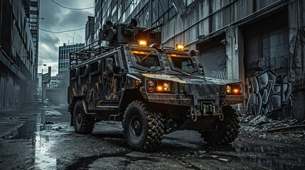 A visually striking photograph showcasing a heavily armored military vehicle in an urban environment, symbolizing the concept of overkill in military technology. The dramatic lighting and gritty 