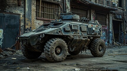 A visually striking photograph showcasing a heavily armored military vehicle in an urban environment, symbolizing the concept of overkill in military technology. The dramatic lighting and gritty 