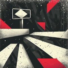 A visually striking vector illustration of a forked road sign, each path leading to contradictory destinations. The surreal and distorted perspective adds a touch of ambiguity