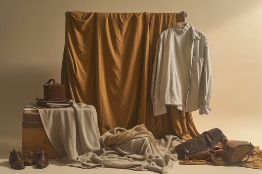 A visually striking image portraying a frugalist proudly displaying a carefully curated wardrobe of timeless, versatile clothing items. The composition utilizes a warm color palette and soft shadows