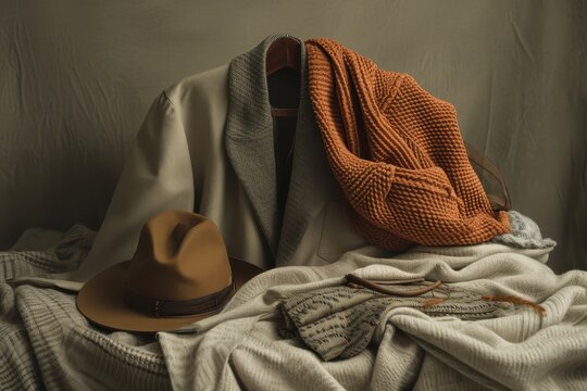 A visually striking image portraying a frugalist proudly displaying a carefully curated wardrobe of timeless, versatile clothing items. The composition utilizes a warm color palette and soft shadows