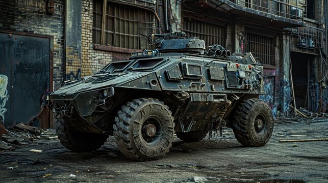 A visually striking photograph showcasing a heavily armored military vehicle in an urban environment, symbolizing the concept of overkill in military technology. The dramatic lighting and gritty 