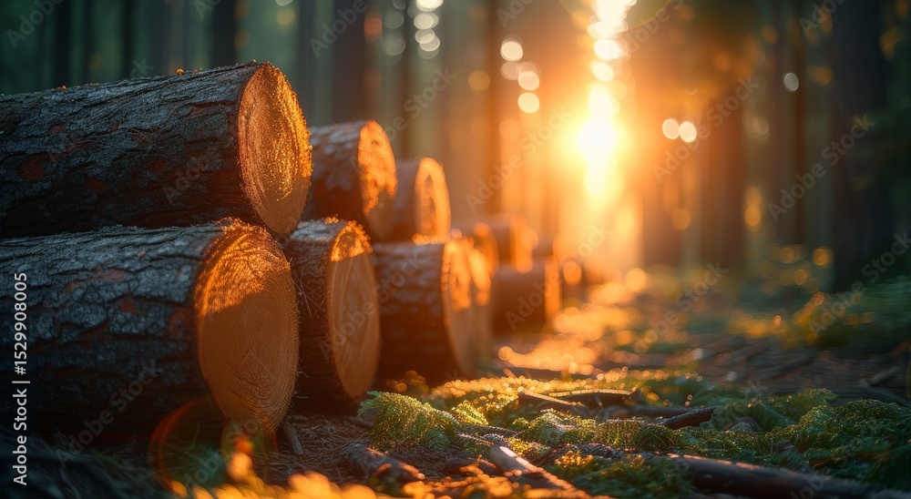 Poster a serene forest setting with sunlight streaming through the trees, illuminating stacked logs and enh
