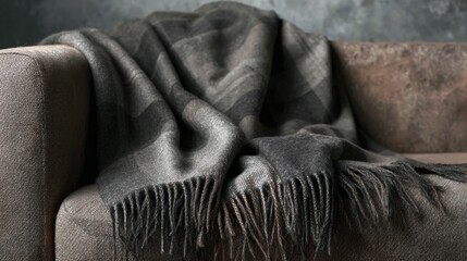 Obraz premium Grey plaid throw blanket draped over a couch.