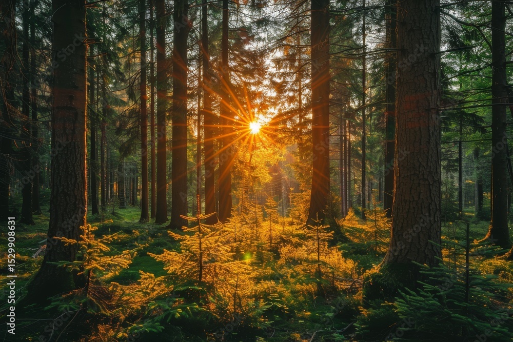 Aufkleber a mesmerizing view of sunlight piercing through tall trees in a dense forest, creating a serene atmo