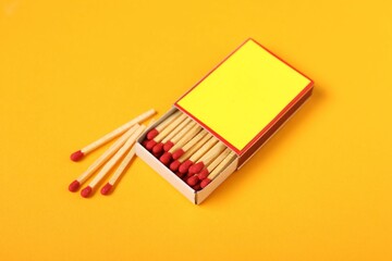 Matches and box on yellow background, closeup. Mockup for design