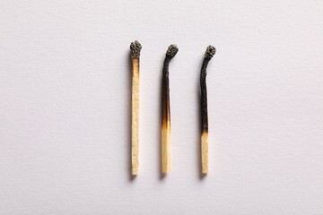 Burnt matches on light grey background, flat lay