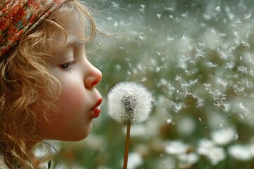 A sweet moment of a little girl blowing dandelion seeds in a magical, dreamy scene, wearing a cute headscarf and with delicate features in soft focus.