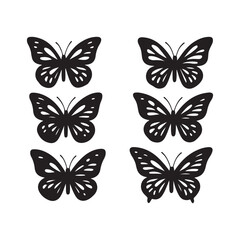 Six black butterfly silhouettes on a white background
