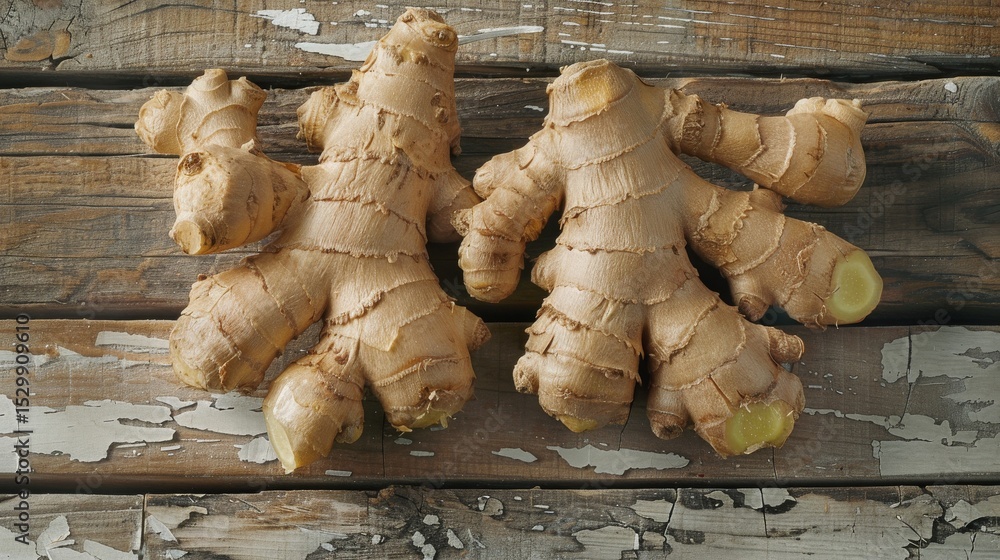 Poster this image features multiple fresh ginger roots displayed on a rustic wooden table, highlighting the