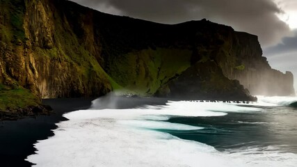 Dramatic seascape of black sand beach and towering cliffs under a stormy sky, ocean waves crashing powerfully against shore, rocks formation in sea. - Powered by Adobe