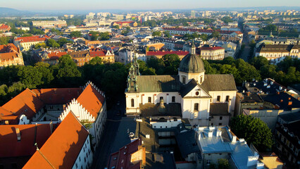 Drone view of European city tourism old town Krakow Poland