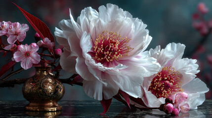 vintage peony and sakura flower illustration