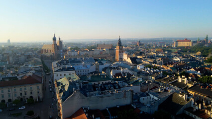 Drone view of European city tourism old town Krakow Poland