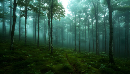 Fototapeta premium misty morning in the green forest
