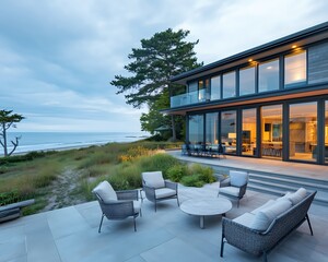 Spacious coastal terrace with unobstructed ocean views, lounge seating, and soft lighting for a peaceful retreat