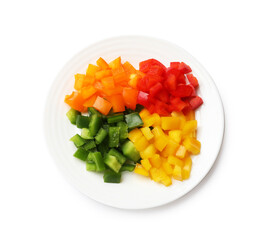 Cut colorful bell peppers isolated on white, top view