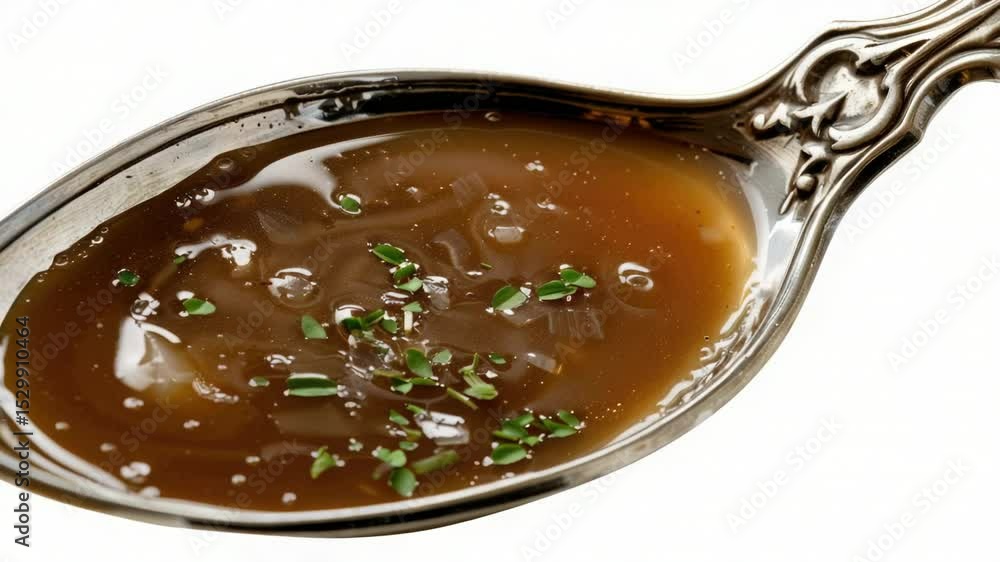 Poster A spoon filled with soup sits on a table, ready for consumption