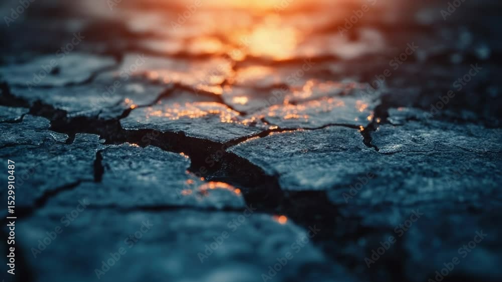 Poster a crack in the earth's surface with the sun shining behind, suitable for use in environmental or geo