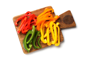 Cut colorful bell peppers isolated on white, top view