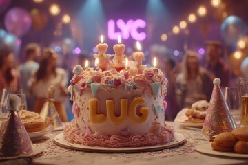 A beautifully decorated birthday cake with candles, surrounded by party decorations and celebratory atmosphere, creating a memorable and joyful occasion for everyone involved.