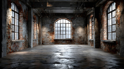 Fototapeta premium Empty, loft industrial grunge interior. Old brick walls and big windows. Interior concept background . 3d Render