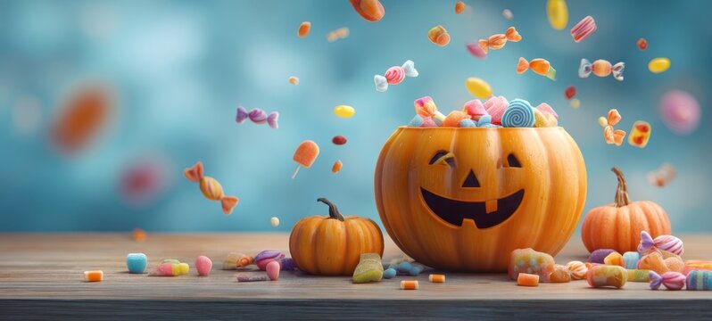 The colorful Halloween pumpkin overflowing with delightful candies and sweets.