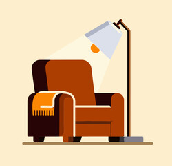 Cozy armchair with blanket and reading lamp in warm interior setting  