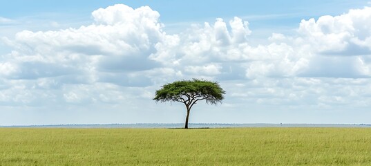 A wide-open savanna with a lone acacia tree under a vast sky