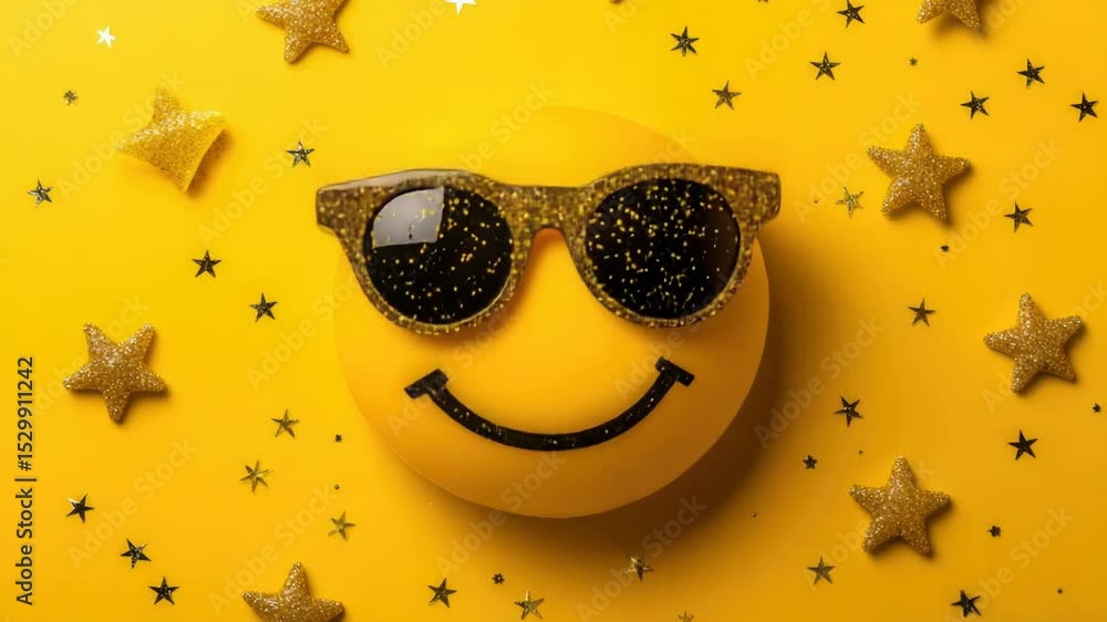 Poster a smiling face with trendy sunglasses on a bright yellow background, great for use in social media p