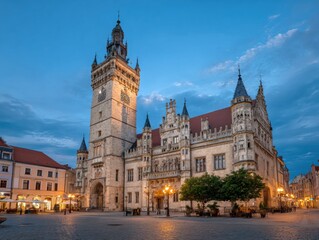 Obraz premium Town hall at twilight in a European city square.