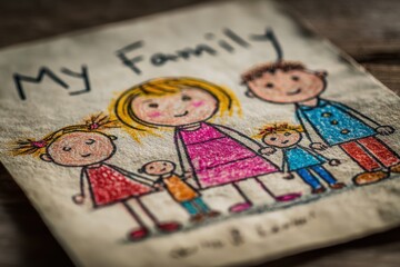 Naklejka premium An adorable child's crayon drawing of a family, capturing the innocence and love, created with vibrant colors and a heartfelt touch on a textured paper.