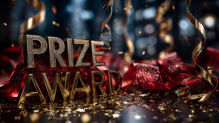 Prize, award win vector 3D word concept banner. Winner achievement celebration poster. Lettering with golden sparkling confetti ribbons. Shiny game, event victory realistic text on red backdrop