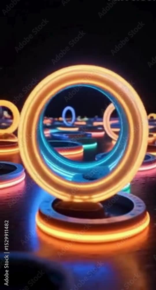 Poster dynamic motion of glowing rings in 3d abstract background with dark gray color