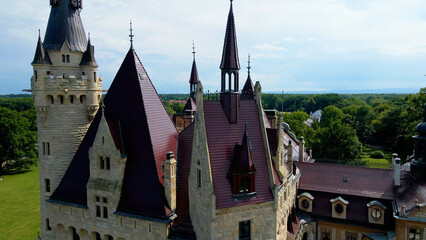 Moszna Castle fly over landscape view from above architecture near the village Moszna Poland