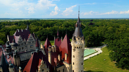 Moszna Castle fly over landscape view from above architecture near the village Moszna Poland