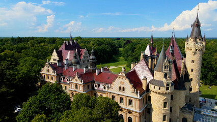 Moszna Castle fly over landscape view from above architecture near the village Moszna Poland