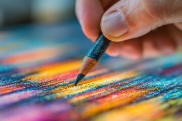 Obraz premium Close up of hand drawing with colorful pencil on paper, showcasing creativity and artistry in a vibrant display of colors and skill with art supplies.