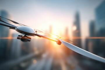 A modern drone equipped with camera flying over a blurred cityscape at sunset, capturing aerial views with cutting-edge technology and advanced imaging capabilities.