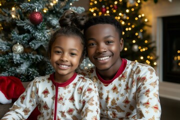 Two cheerful siblings wearing matching Christmas pajamas are sitting near a decorated Christmas tree and smiling
