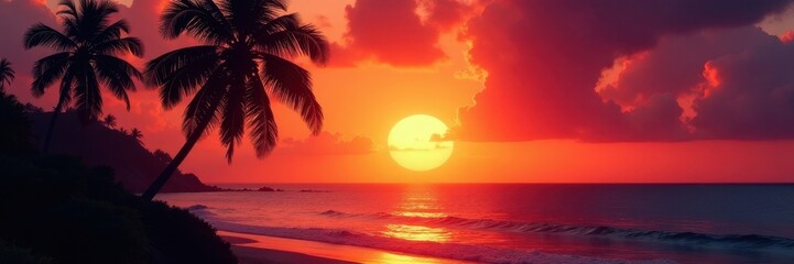 Dark palm silhouettes against a blazing sunset, ocean view , red sky, ocean