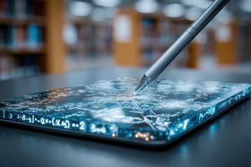A modern stylus pen resting on a tablet displaying glowing mathematical equations and formulas, with a blurred background of bookshelves suggesting an academic or research setting.