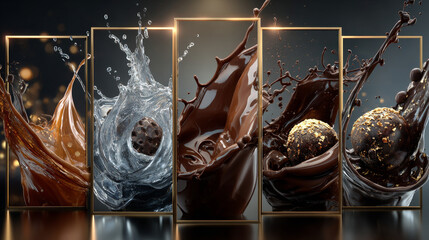 chocolate splashes set, isolated design elements, 3d illustration
